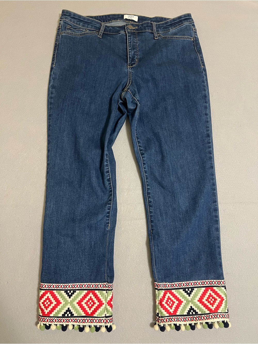 crown & ivy Dark Blue Ankle Jeans with Red, Green & Cream Embroidered Cuffs
